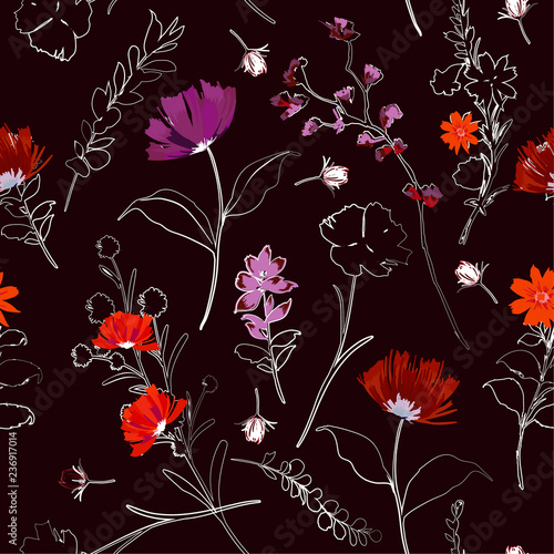 Beautiful hand drawing outline sketch with paintting florals seamless pattern in vector on stylish dark maroon colo
