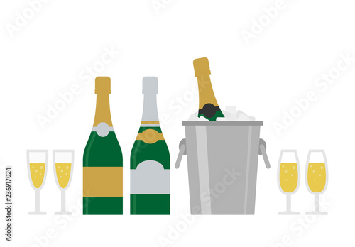 champagne bottles glasses metal bucket with ice on white background