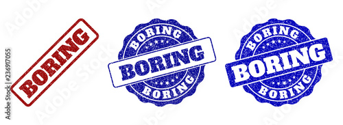 BORING grunge stamp seals in red and blue colors. Vector BORING marks with grunge texture. Graphic elements are rounded rectangles, rosettes, circles and text captions.