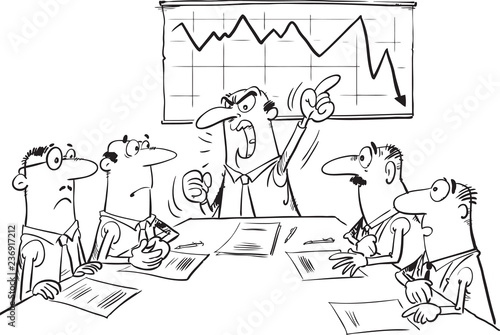 the concept of a business meeting of an angry manager with workers