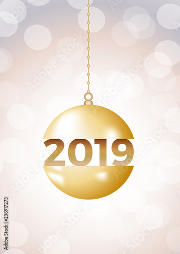 2019 Happy New Year ball on iridescent glitter festive empty background. Shiny sparkles swirling in air.