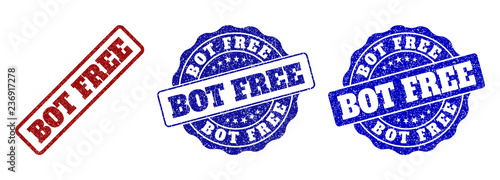 BOT FREE grunge stamp seals in red and blue colors. Vector BOT FREE labels with grunge texture. Graphic elements are rounded rectangles, rosettes, circles and text labels.
