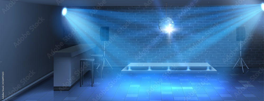 Vector realistic background, dance floor with empty stage in nightclub.  Modern disco dance-hall in bar for dancing and parties, in blue shining  lights with mirror ball on ceiling, interior inside Stock Vector |