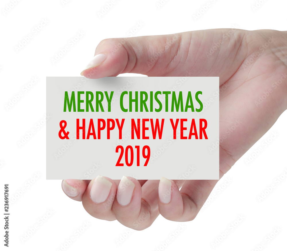 Merry Christmas and Happy New Year 2019 with hand. Merry Christmas and Happy New Year 2019 with hand.