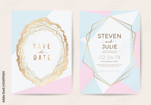 Luxury wedding invitation cards with rose gold and Pink marble texture, geometric shape vector design template