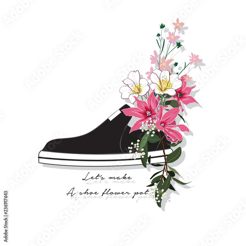 Beautiful and trendy sneaker used as blooming flower pots in vector illustration