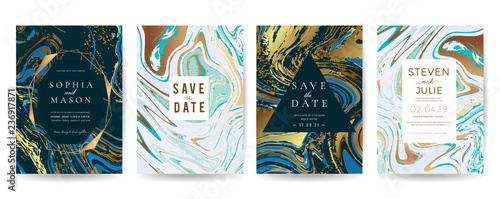 Wedding Invitation, Thank you Card, rsvp, posters, modern card Design Collection. Trendy Marble background, Marbling texture design in navy blue ,green turquoise and golden texture vector temple.