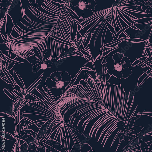  Outline forest   palm trees and tropical forest on the navy blue background. Vector seamless pattern.