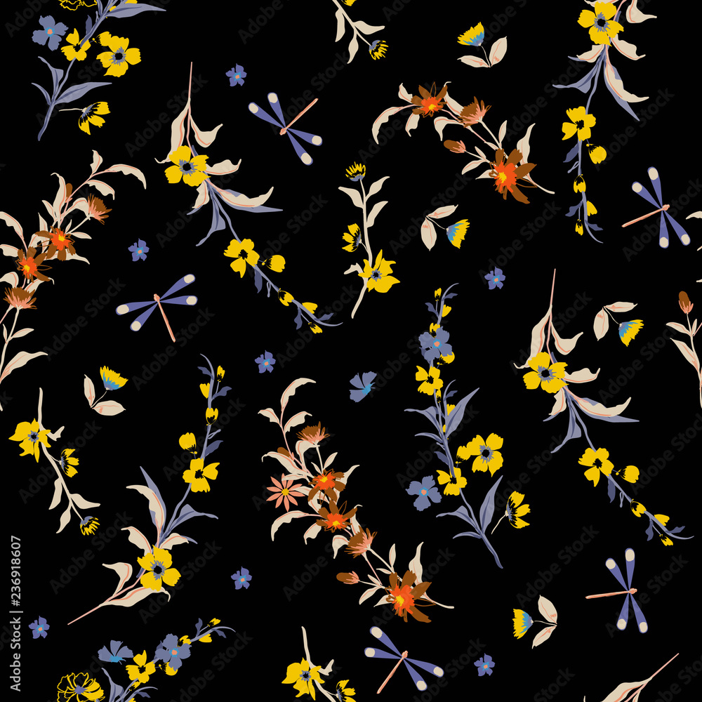 A dark garden  in Delicate seamless pattern vector liberty little flowers. Floral pattern for fashion prints. Design for textile, wallpapers, wrapping, paper