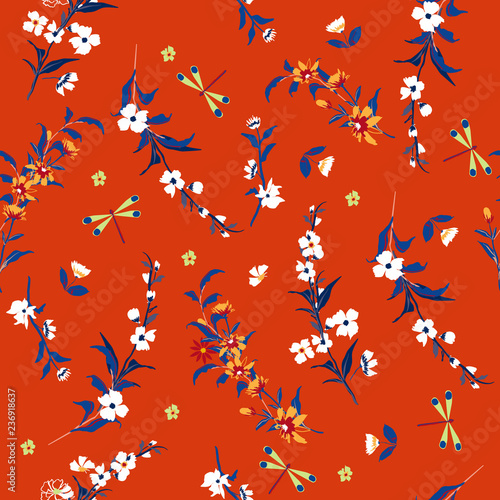 Elegant gentle trendy liberty pattern in small-scale flower meadow . Floral seamless fresh vivid orange background for textile,