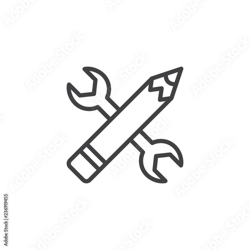 Crossed wrench and pen tool outline icon. linear style sign for mobile concept and web design. Designer tools simple line vector icon. Symbol, logo illustration. Pixel perfect vector graphics