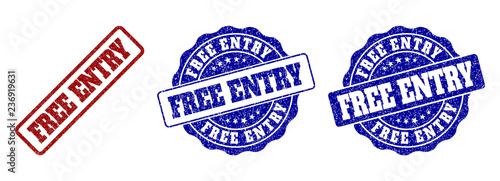 FREE ENTRY grunge stamp seals in red and blue colors. Vector FREE ENTRY labels with grainy surface. Graphic elements are rounded rectangles, rosettes, circles and text labels.