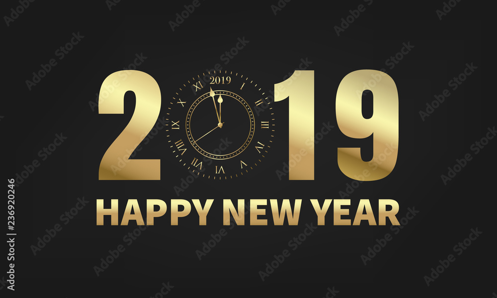 Happy New Year 2019. Typography label 2019 with gold clock, meaning one minute before New Year. Happy New Year 2019. Typography label 2019 with gold clock, meaning one minute before New Year.
