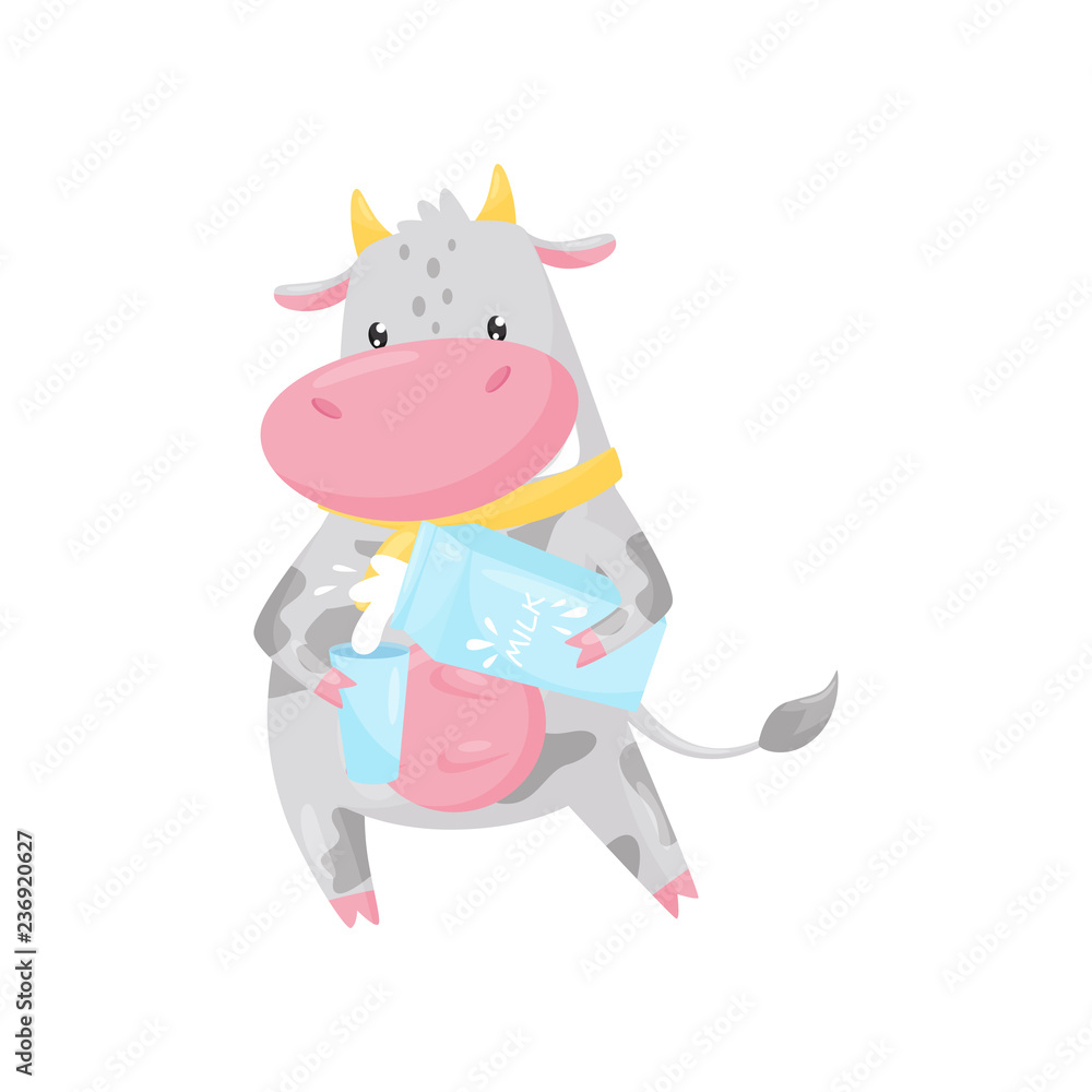 Cute cow pouring milk into a glass, funny farm animal cartoon character vector Illustration on a white background Cute cow pouring milk into a glass, funny farm animal cartoon character vector Illustration on a white background