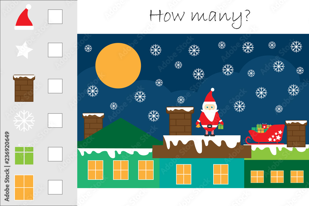 How many counting game with christmas picture for kids, educational maths task for the development of logical thinking, preschool worksheet activity, count and write the result, vector illustration
