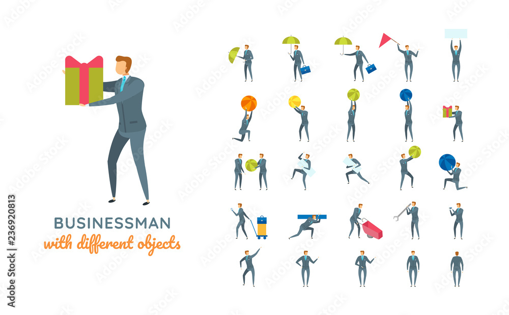 Vector young adult man in business suit ready-to-use character casual poses set in flat style. Vector young adult man in business suit ready-to-use character casual poses set in flat style.