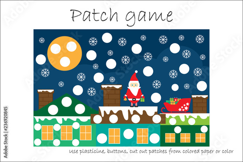 Education Patch game christmas for children to develop motor skills, use plasticine patches, buttons, colored paper or color the page, kids preschool activity, printable worksheet, vector illustration