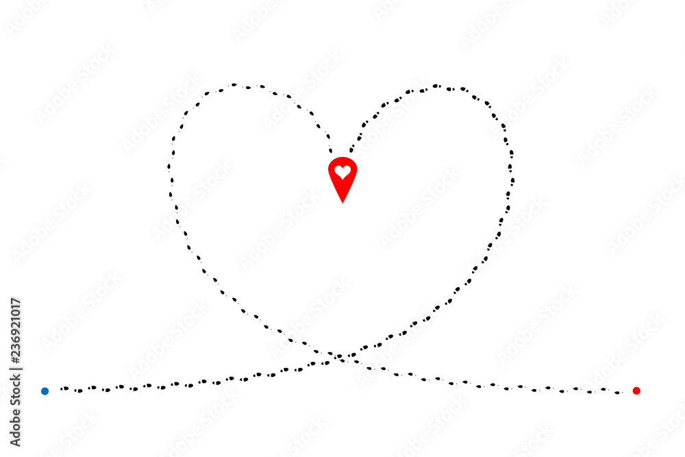 Intersecting footprints of man and woman in heart shape and red map pin with heart in center of illustration. Vector design element. Intersecting footprints of man and woman in heart shape and red map pin with heart in center of illustration. Vector design element.