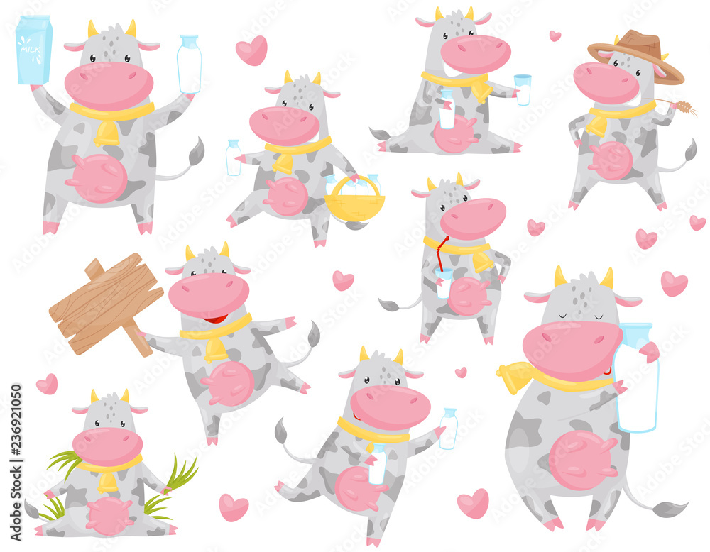 Cute happy spotted cow in different situations set, funny smiling farm animal cartoon character vector Illustration on a white background