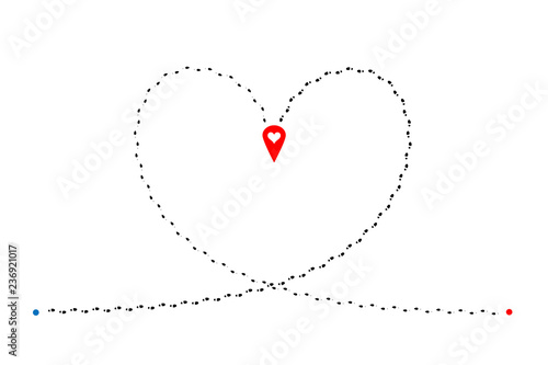 Intersecting footprints of man and woman in heart shape and red map pin with heart in center of illustration. Vector design element.