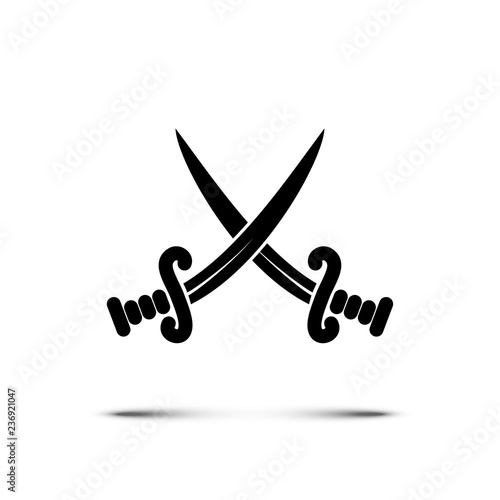 Black crossed pirate swords or knives icon isolated on white background. Vector illustration.