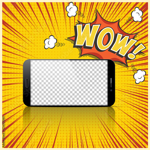 Realistic smartphone with transparent screen on comic book background with Wow speech bubble. Vector template.