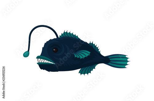 Flat vector icon of blue anglerfish. Small fish with sharp teeth. Sea creature. Marine animal. Underwater life