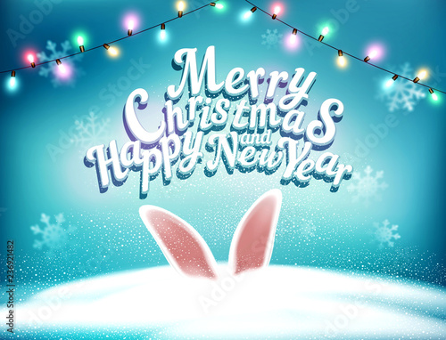 Vector illustration. Postcard for Christmas and New Year with snowfall, snowballs, glowing garland and hare ears sticking out of a snowdrift.