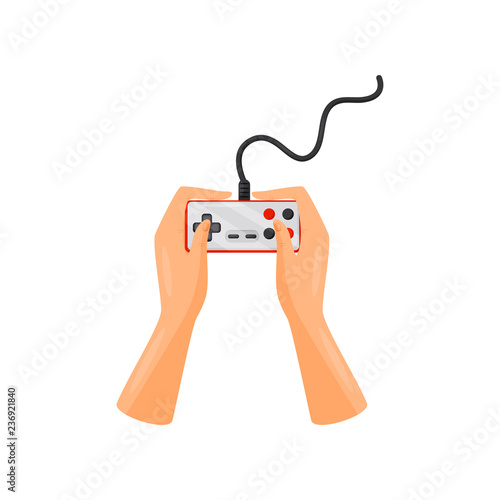 Hands holding wired controller remote, joystick, gaming concept vector Illustration on a white background
