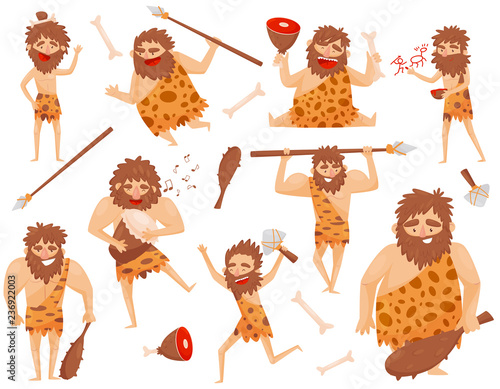 Funny stone age prehistoric man in different situations set, primitive cavemen cartoon character vector Illustration isolated on a white background