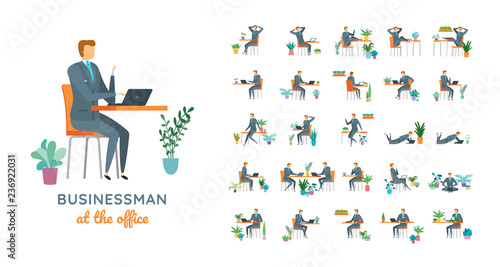 Vector young adult man in business suit ready-to-use character casual poses set in flat style.