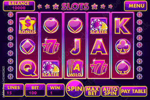 Vector Interface slot machine in purple colored. Complete menu of graphical user interface and full set of buttons for classic casino games creation. Big set of gaming casino icons