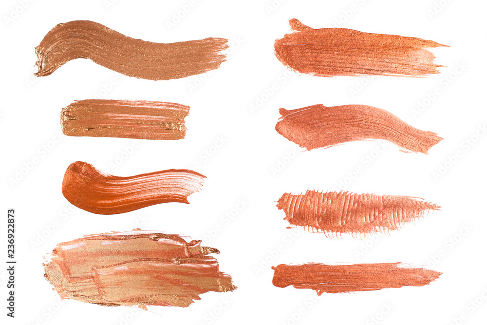 Set of shiny beige brush strokes of acrilic or oil paint isolated on white Set of shiny beige brush strokes of acrilic or oil paint isolated on white