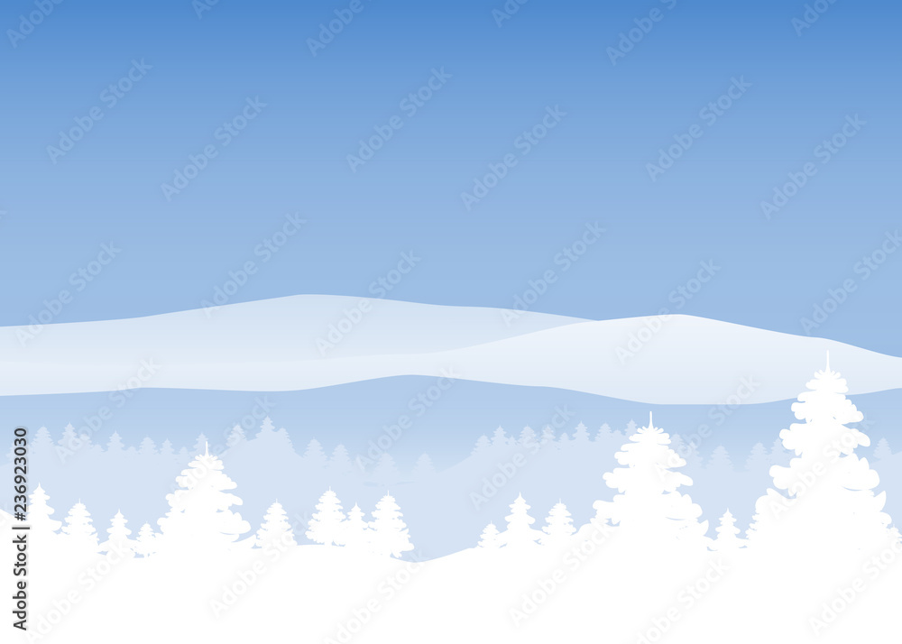 Winter landscape, minimal style. Horizon, panorama, snow-covered trees. Ate, pine. Vector, illustration, isolated, template, poster, banner