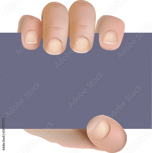 dita di una mano maschile sorregge cartellino pubblicitario