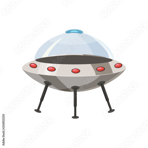 Ufo flying spaceship isolated on white cartoon style. Alien transport futuristic. Vector illustration, baner, poster