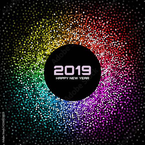 New Year 2019 Card Background. Bright Colorful Disco Lights Halftone Circle Frame isolated on black background. Confetti circle border using rainbow colors dots texture. Vector illustration.