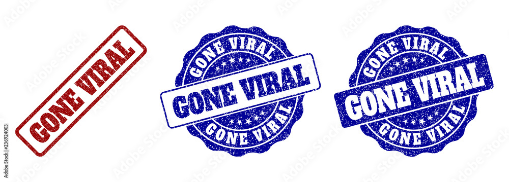 GONE VIRAL grunge stamp seals in red and blue colors. Vector GONE VIRAL watermarks with grunge effect. Graphic elements are rounded rectangles, rosettes, circles and text captions.