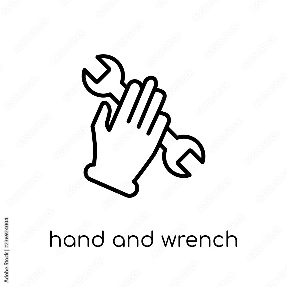 Hand and Wrench icon. Trendy modern flat linear vector Hand and Wrench icon on white background from thin line Hands and guestures collection Hand and Wrench icon. Trendy modern flat linear vector Hand and Wrench icon on white background from thin line Hands and guestures collection