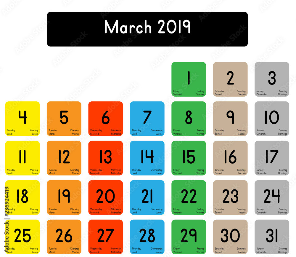 Detailed daily calendar of the month of March 2019 Detailed daily calendar of the month of March 2019
