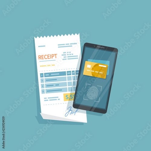 Mobile Payment for goods, services, shopping using smartphone. Online banking, pay with phone. Fingerprint  identity sensor on mobile screen. App scanning fingerprint, data security. Vector