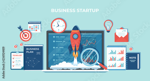 Business project startup, financial planning, idea, strategy, management, realization and success. Rocket launch from laptop monitor, business plan, notes, clock, target, hourglass, calendar Vector