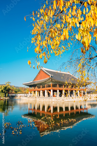 Photography Gyeongbokgung Palace Gyeonghoeru with pond at autumn in Seoul, Korea