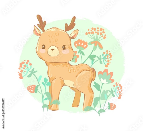 Beautiful deer on a flowers background. Children's print for t-shirts. Vector illustration.