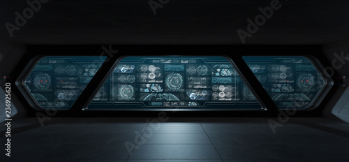 Fototapeta Naklejka Na Ścianę i Meble -  Dark spaceship interior with control panel digital screens 3D rendering