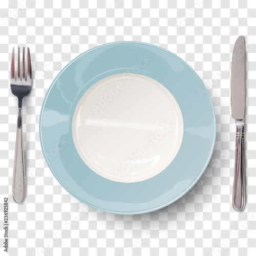 Empty plate in blue design with knife and fork isolated on transparent background. View from above. Vector illustration.