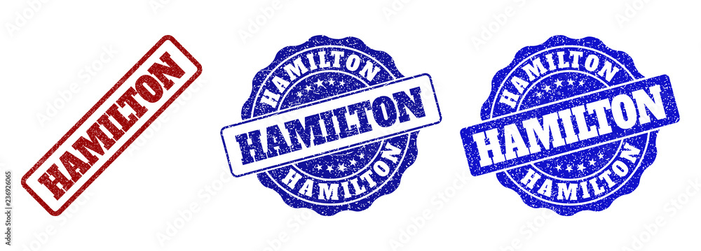 HAMILTON grunge stamp seals in red and blue colors. Vector HAMILTON imprints with grunge surface. Graphic elements are rounded rectangles, rosettes, circles and text tags.
