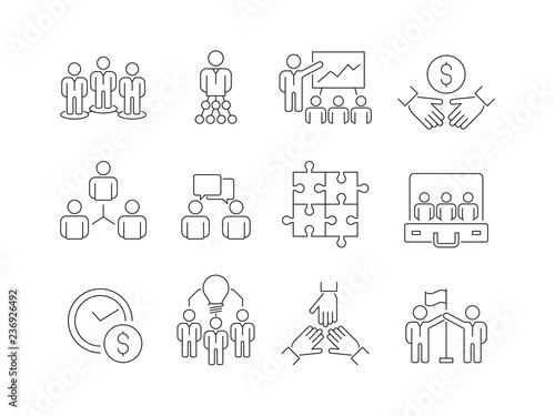 Team building icons. Work group of business people help together coworking participation vector thin line symbols isolated. Vector business team, cooperation and collaborate illustration