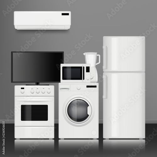 Kitchen home appliances. Household store electrical tools electronic items vector realistic pictures. Illustration of appliances refrigerator and oven, fridge and microwave