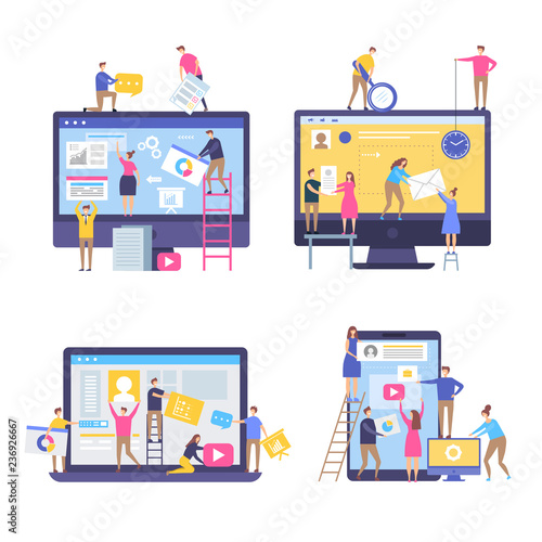 Characters making web pages. Peoples decorated websites team in business marketing scenes simple stylized vector illustrations. People team making and programmer website